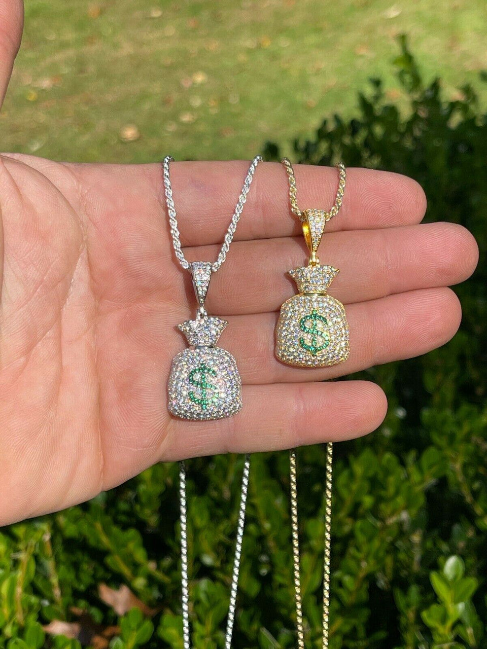 HarlemBling MOISSANITE Real 925 Silver/ Gold Money Bag Dollar Pendant Iced Pass Diamond Test