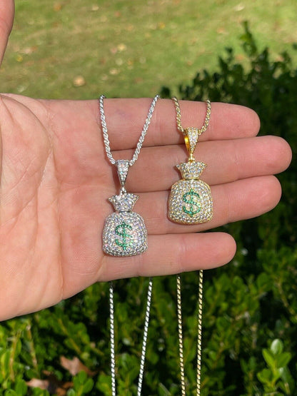 HarlemBling MOISSANITE Real 925 Silver/ Gold Money Bag Dollar Pendant Iced Pass Diamond Test