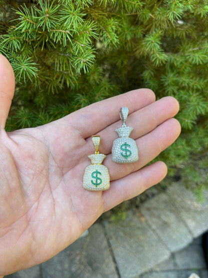 HarlemBling MOISSANITE Real 925 Silver/ Gold Money Bag Dollar Pendant Iced Pass Diamond Test