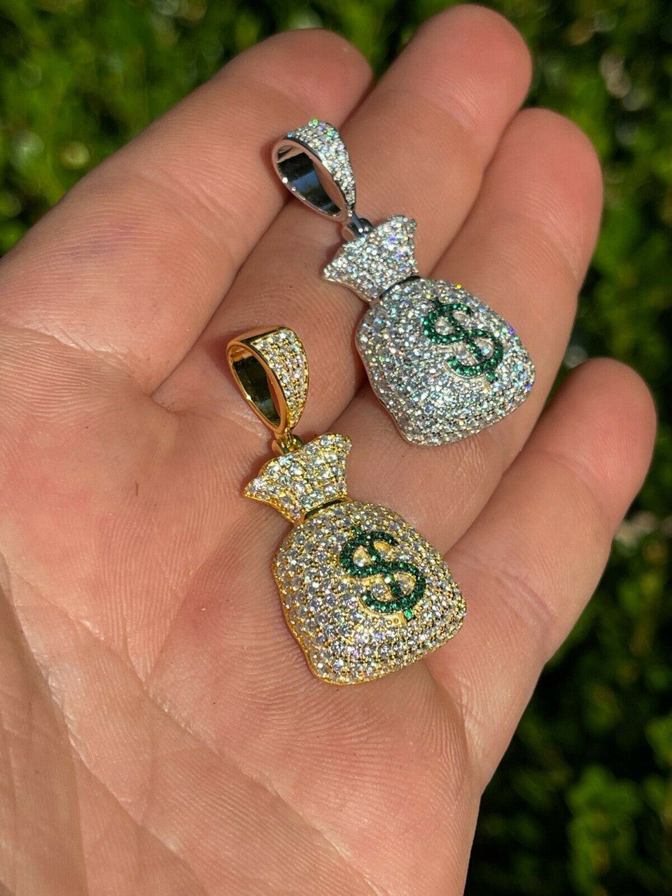 HarlemBling MOISSANITE Real 925 Silver/ Gold Money Bag Dollar Pendant Iced Pass Diamond Test