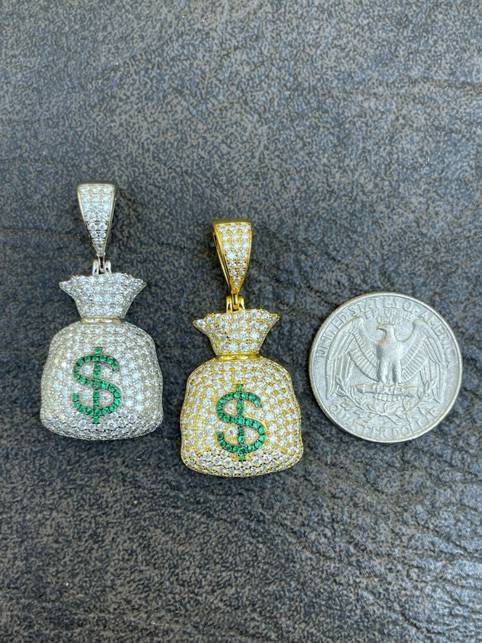 HarlemBling MOISSANITE Real 925 Silver/ Gold Money Bag Dollar Pendant Iced Pass Diamond Test