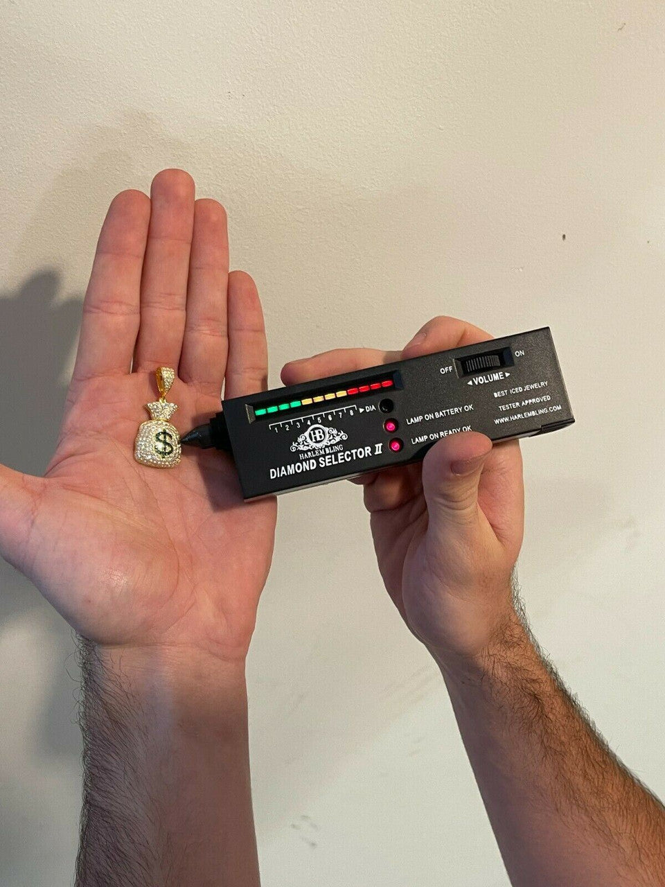 HarlemBling MOISSANITE Real 925 Silver/ Gold Money Bag Dollar Pendant Iced Pass Diamond Test