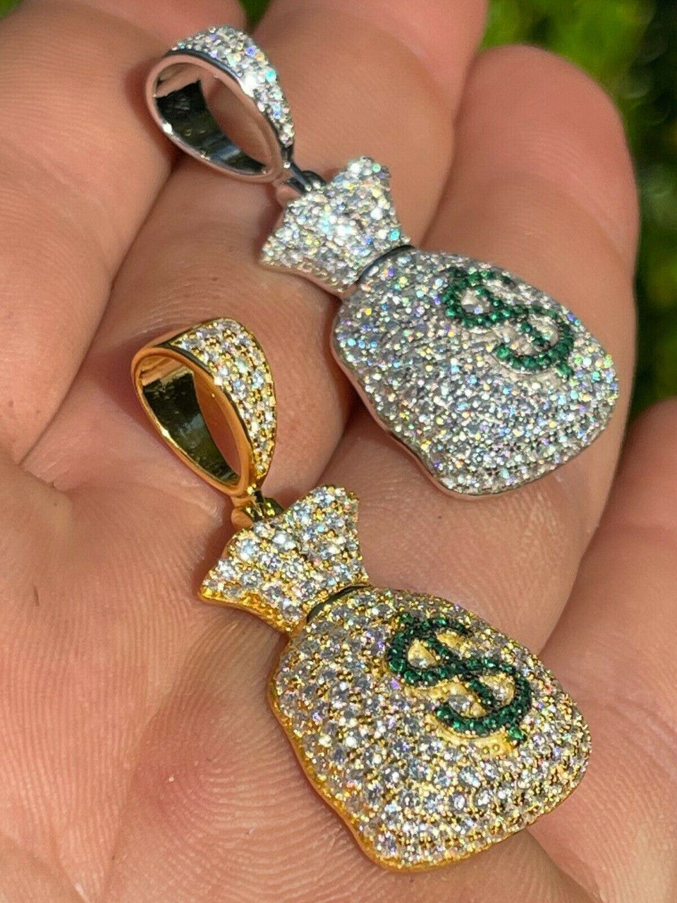 HarlemBling MOISSANITE Real 925 Silver/ Gold Money Bag Dollar Pendant Iced Pass Diamond Test