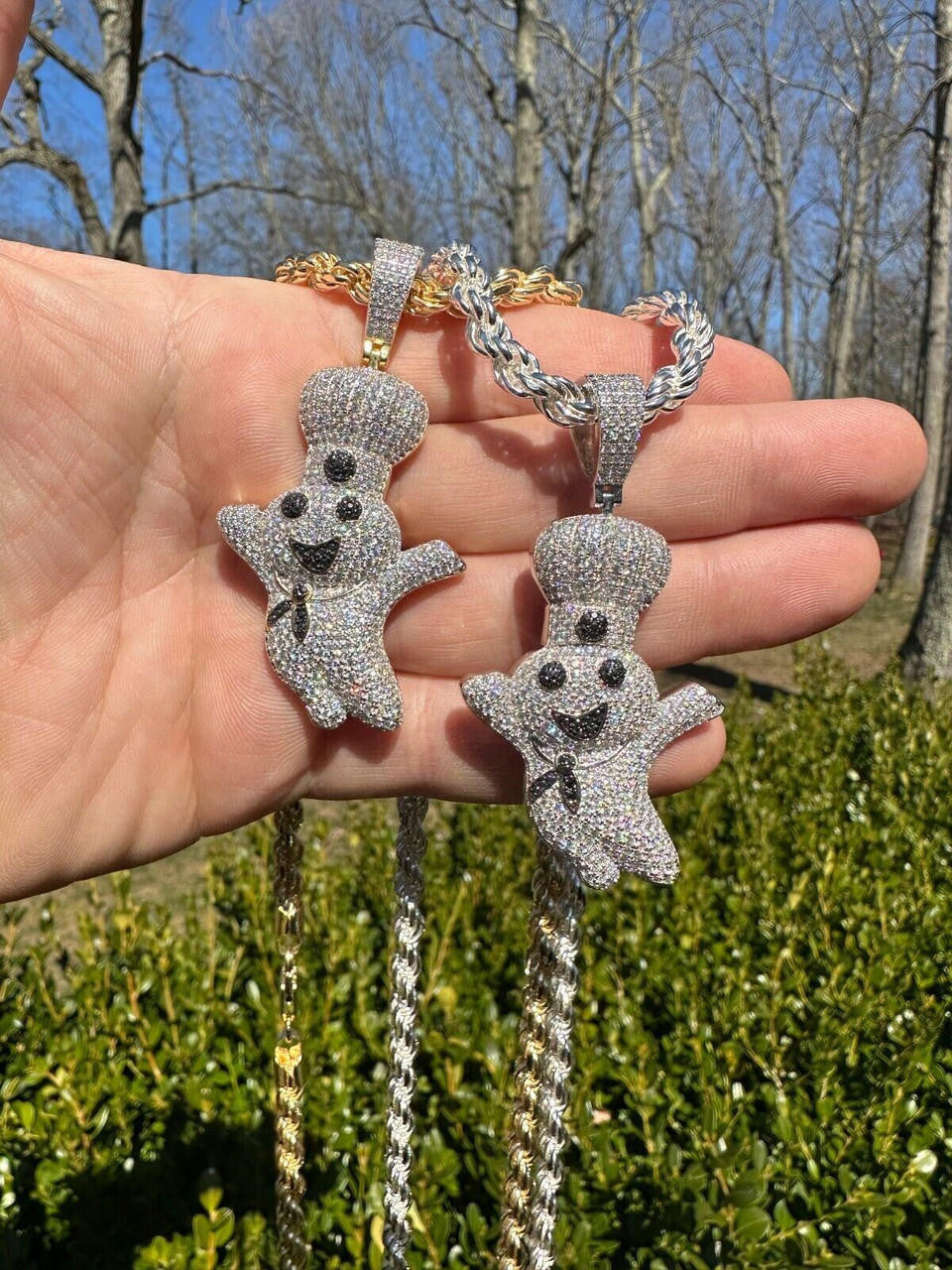 HarlemBling MOISSANITE Real 925 Silver / Gold Pillsbury Doughboy Money Necklace Pendant Iced