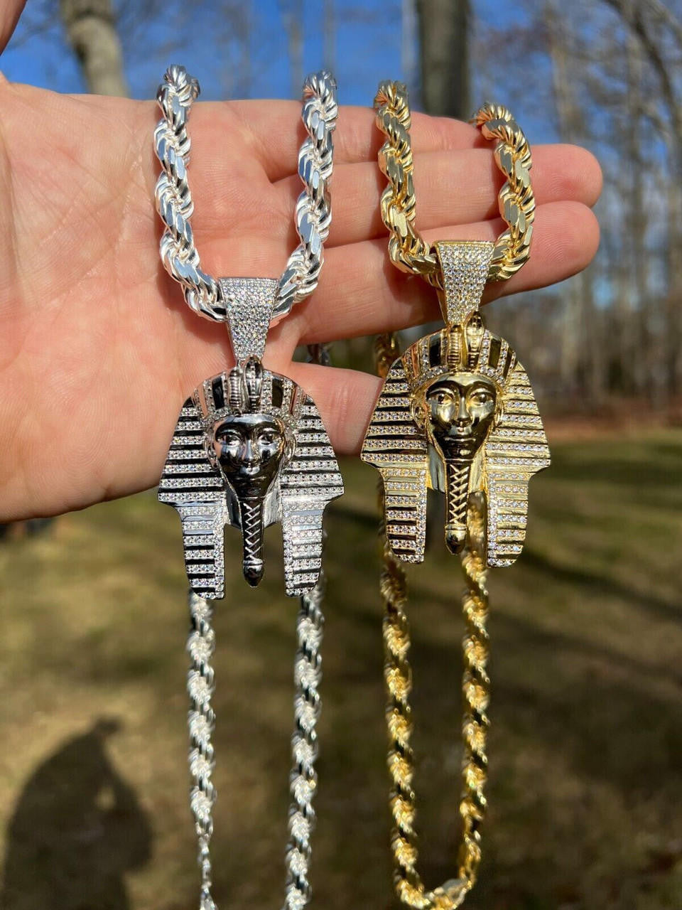 HarlemBling MOISSANITE Real 925 Silver Gold Plated Iced King Tut Egyptian Pharaoh Necklace