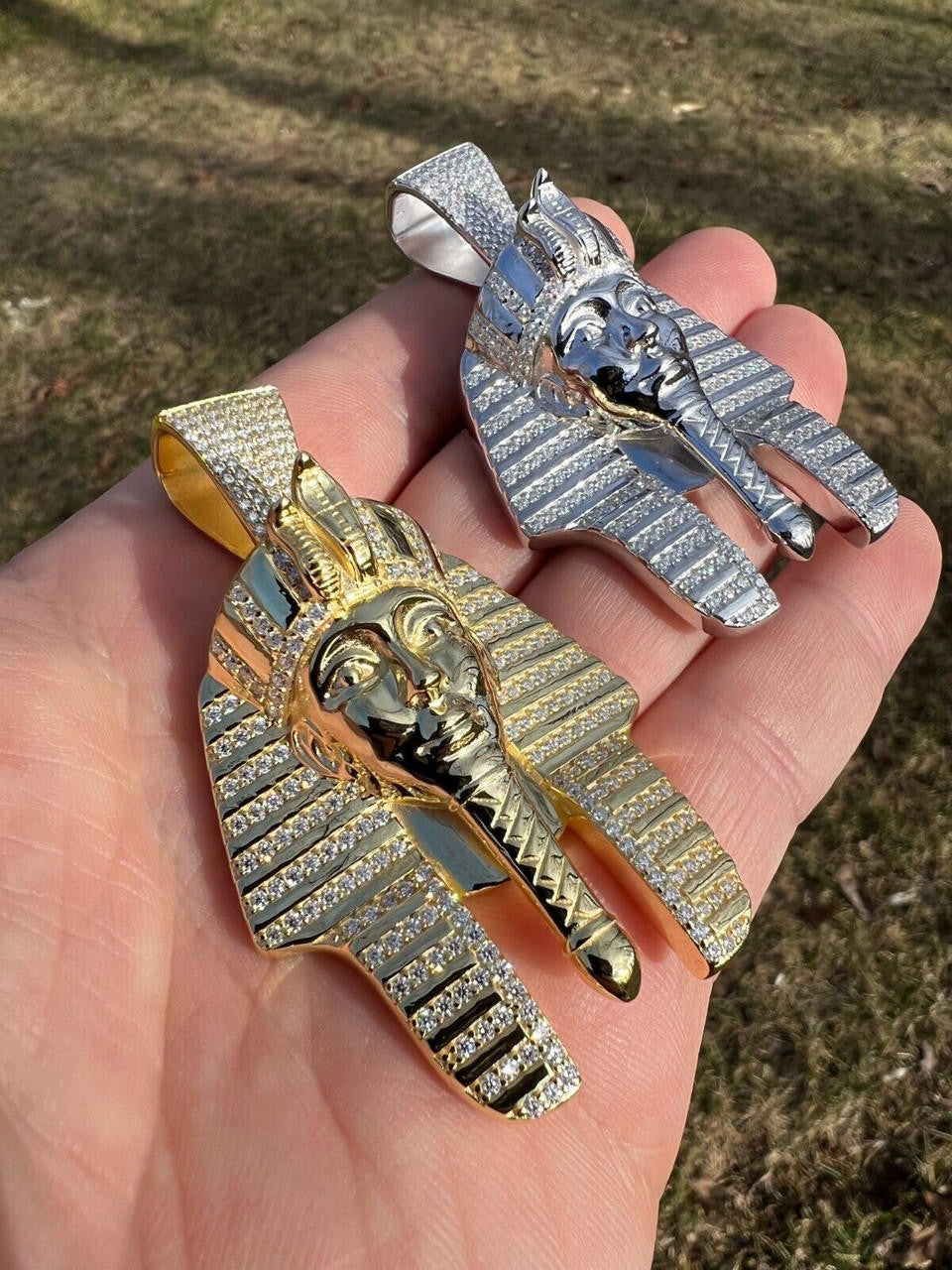 HarlemBling MOISSANITE Real 925 Silver Gold Plated Iced King Tut Egyptian Pharaoh Necklace