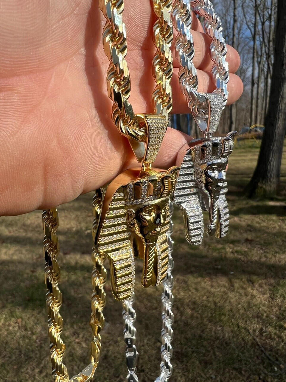 HarlemBling MOISSANITE Real 925 Silver Gold Plated Iced King Tut Egyptian Pharaoh Necklace