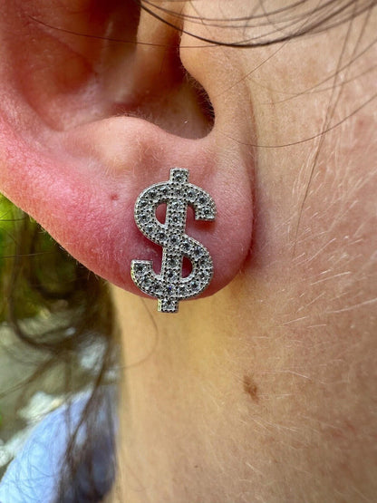 HarlemBling MOISSANITE Real 925 Silver Men Ladies Dollar Sign $ Money Earrings Iced Studs