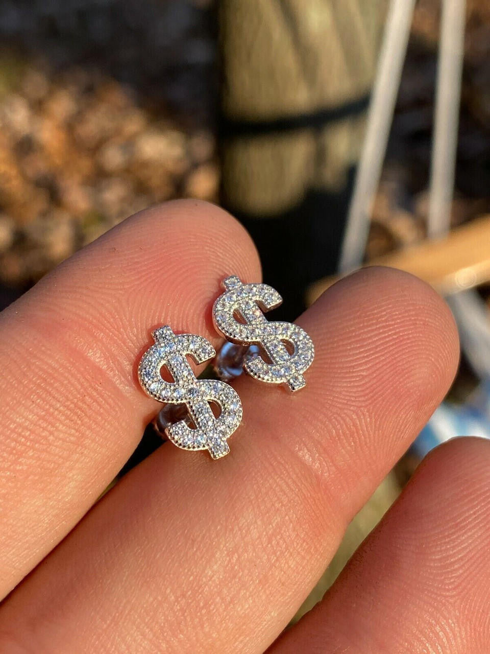 HarlemBling MOISSANITE Real 925 Silver Men Ladies Dollar Sign $ Money Earrings Iced Studs