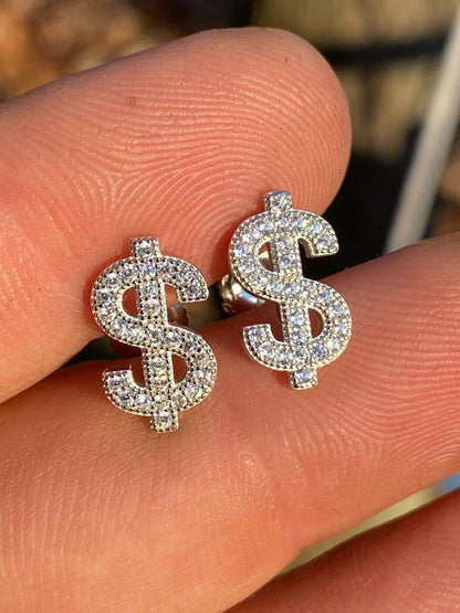 HarlemBling MOISSANITE Real 925 Silver Men Ladies Dollar Sign $ Money Earrings Iced Studs