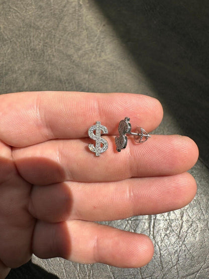 HarlemBling MOISSANITE Real 925 Silver Men Ladies Dollar Sign $ Money Earrings Iced Studs