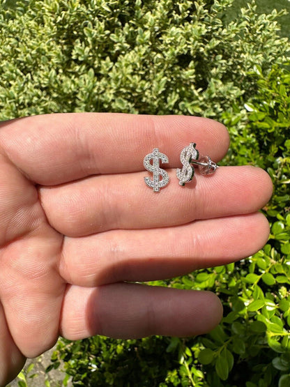 HarlemBling MOISSANITE Real 925 Silver Men Ladies Dollar Sign $ Money Earrings Iced Studs