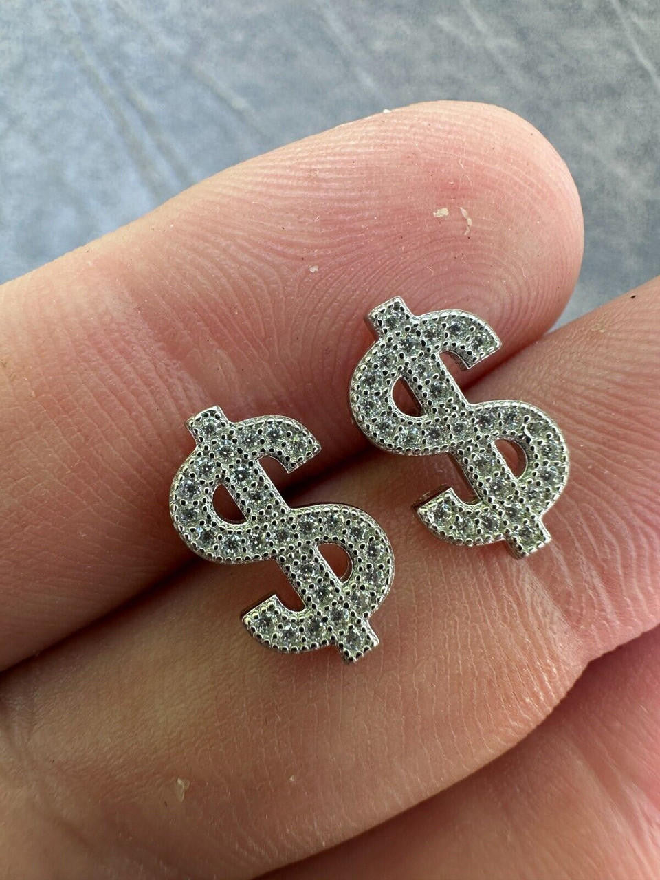 HarlemBling MOISSANITE Real 925 Silver Men Ladies Dollar Sign $ Money Earrings Iced Studs