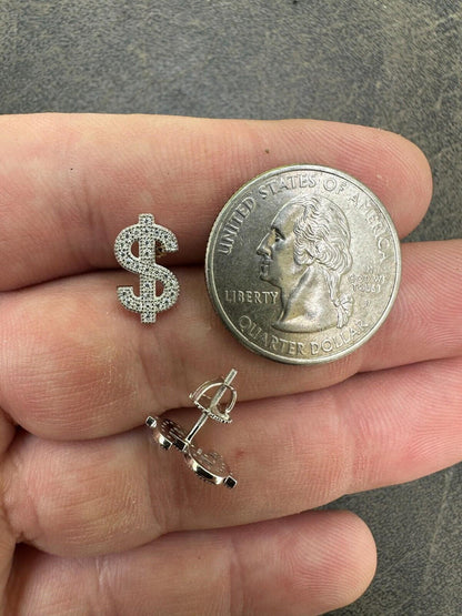 HarlemBling MOISSANITE Real 925 Silver Men Ladies Dollar Sign $ Money Earrings Iced Studs