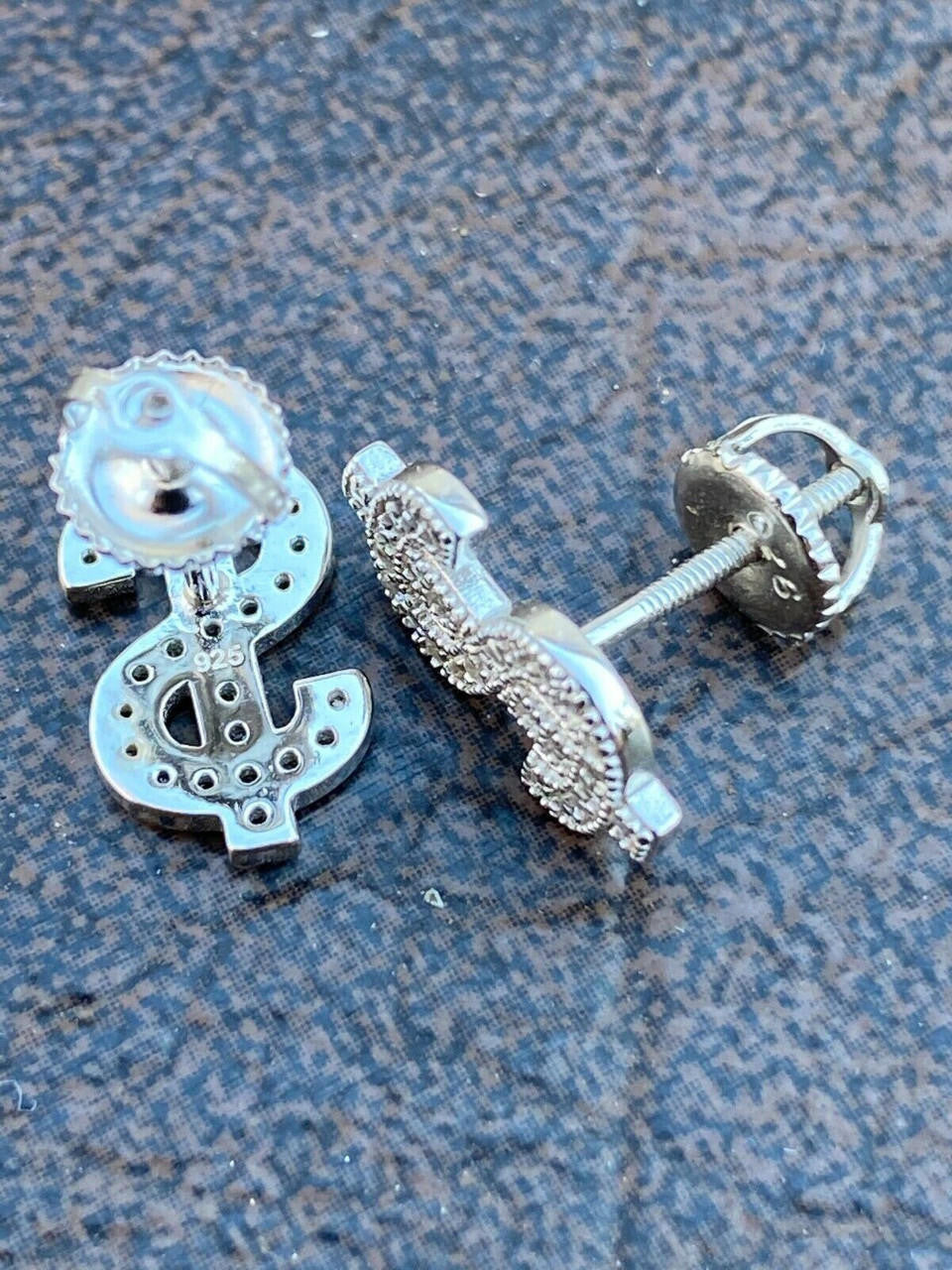 HarlemBling MOISSANITE Real 925 Silver Men Ladies Dollar Sign $ Money Earrings Iced Studs