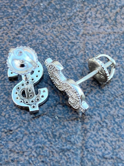 HarlemBling MOISSANITE Real 925 Silver Men Ladies Dollar Sign $ Money Earrings Iced Studs