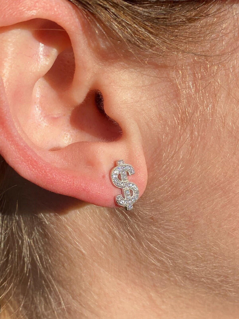 HarlemBling MOISSANITE Real 925 Silver Men Ladies Dollar Sign $ Money Earrings Iced Studs