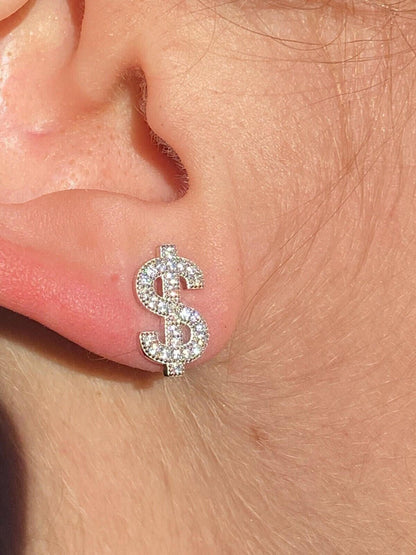 HarlemBling MOISSANITE Real 925 Silver Men Ladies Dollar Sign $ Money Earrings Iced Studs