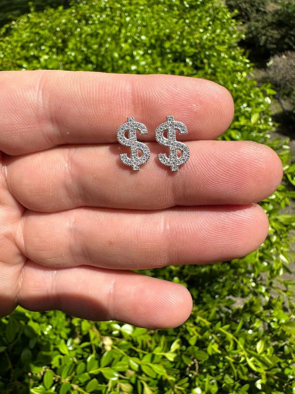 HarlemBling MOISSANITE Real 925 Silver Men Ladies Dollar Sign $ Money Earrings Iced Studs