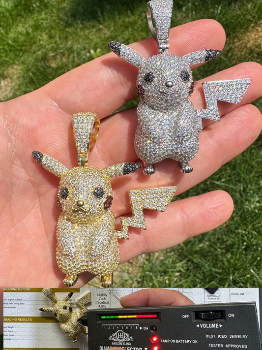 HarlemBling MOISSANITE Real 925 Silver/Gold Plated Iced Pickachu Pokemon Pendant Necklace
