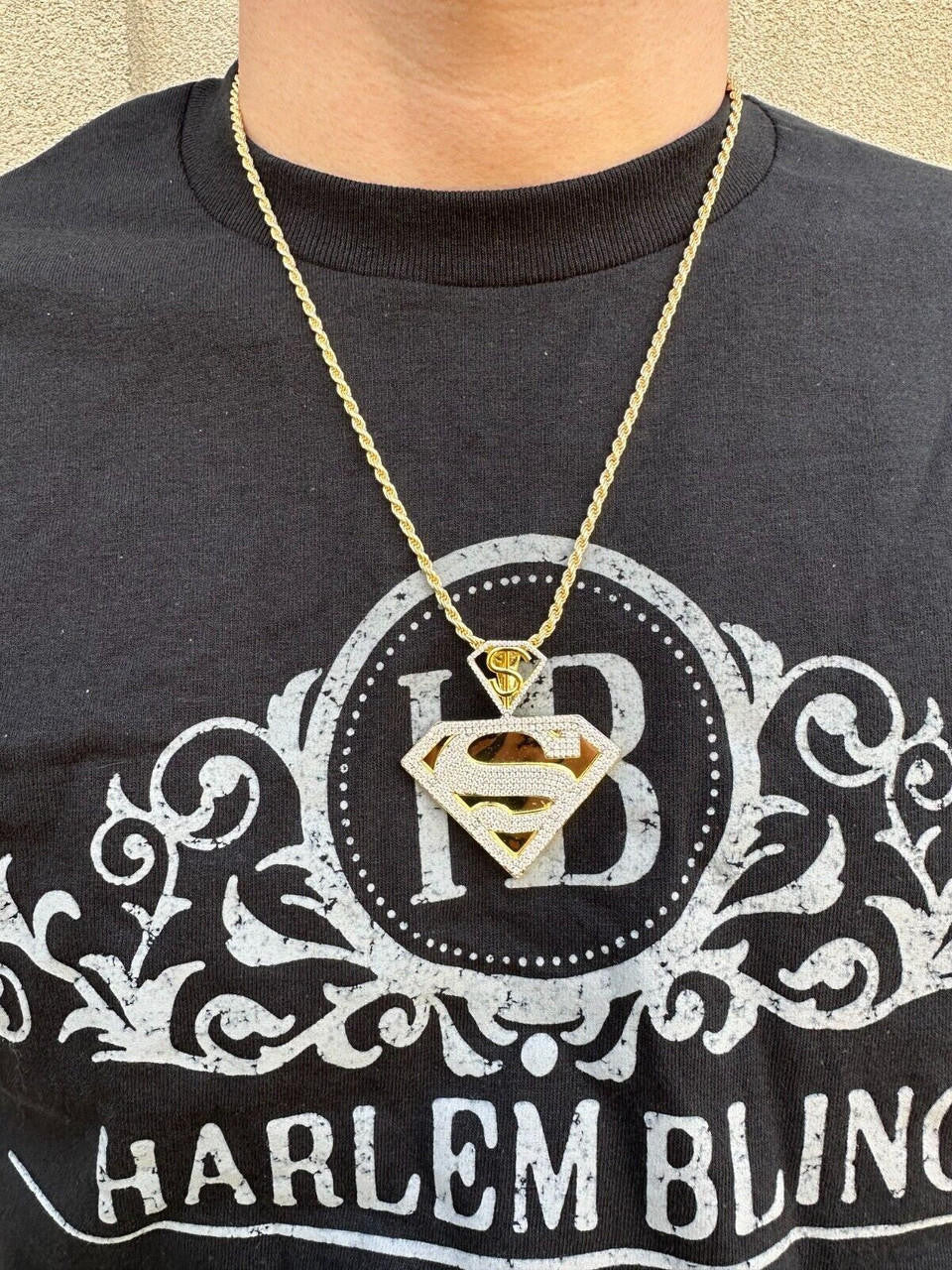 HarlemBling MOISSANITE Real 925 Silver/Gold Plated Iced SUPERMAN Superhero Pendant Necklace