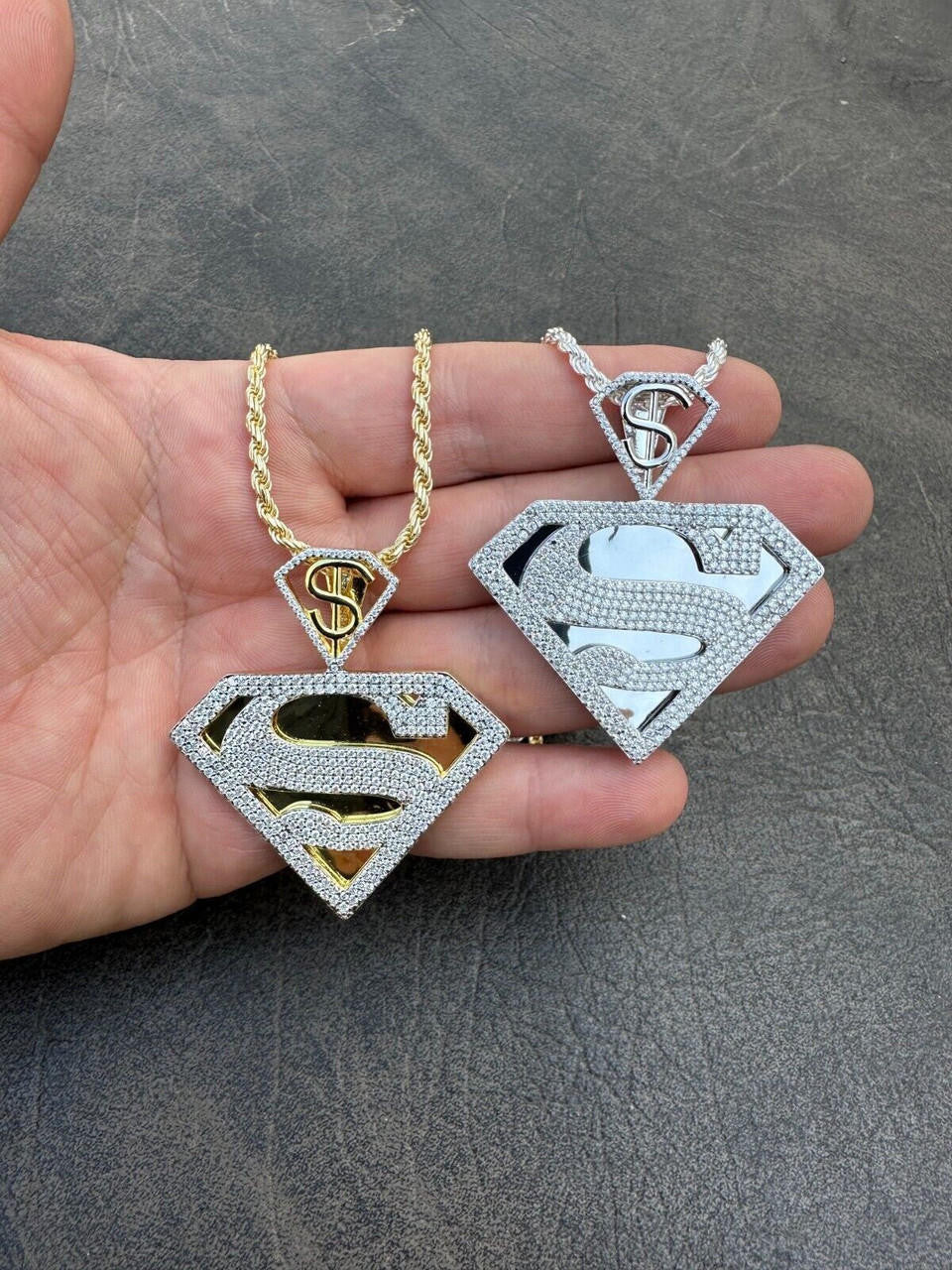 HarlemBling MOISSANITE Real 925 Silver/Gold Plated Iced SUPERMAN Superhero Pendant Necklace