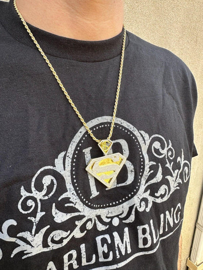 HarlemBling MOISSANITE Real 925 Silver/Gold Plated Iced SUPERMAN Superhero Pendant Necklace