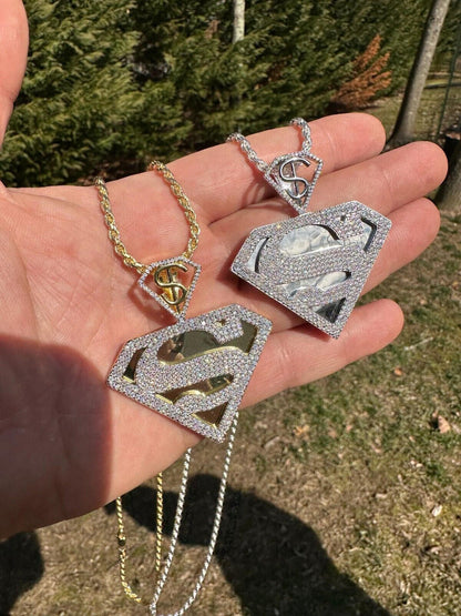 HarlemBling MOISSANITE Real 925 Silver/Gold Plated Iced SUPERMAN Superhero Pendant Necklace