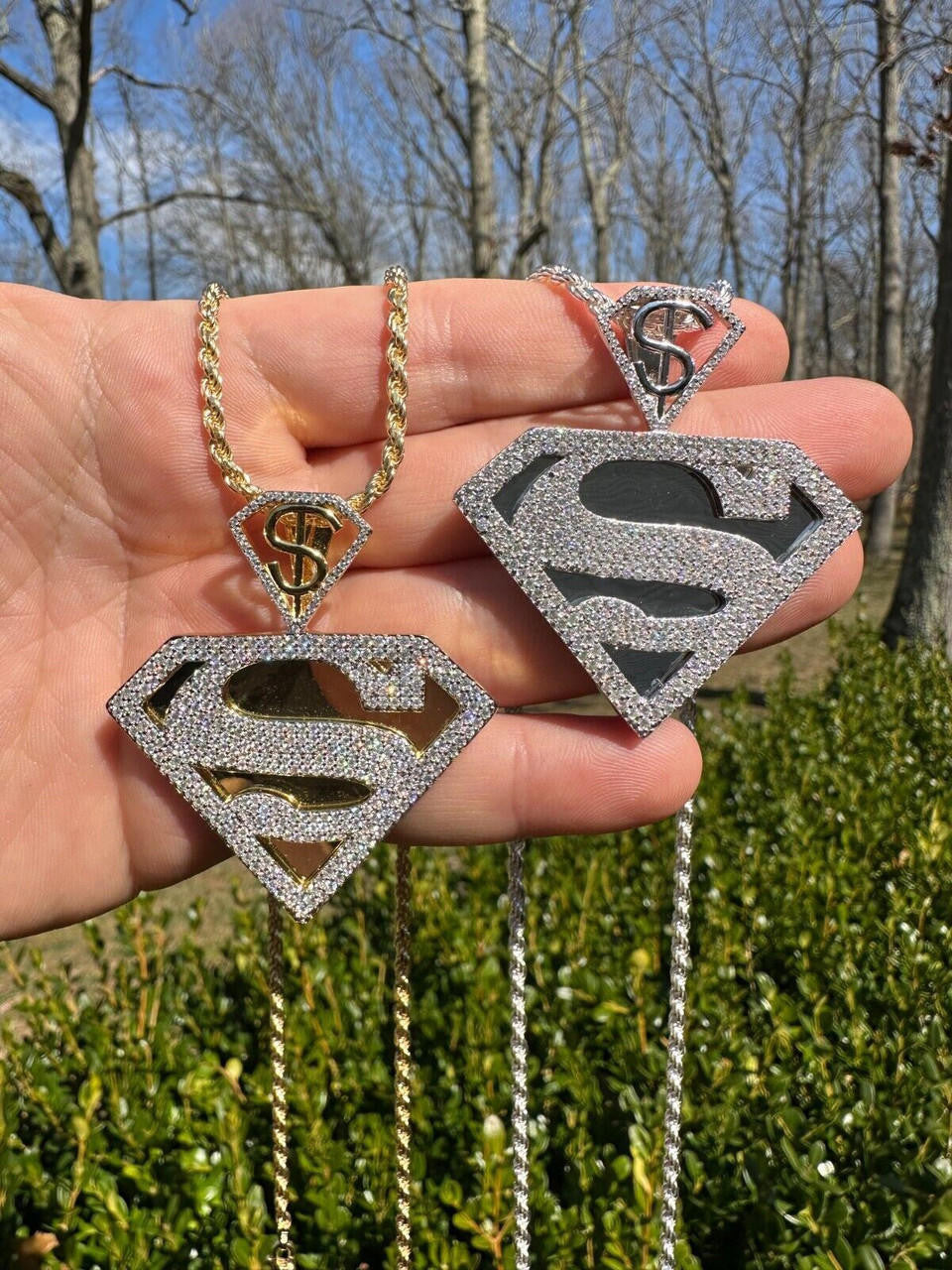 HarlemBling MOISSANITE Real 925 Silver/Gold Plated Iced SUPERMAN Superhero Pendant Necklace