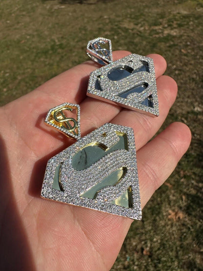 HarlemBling MOISSANITE Real 925 Silver/Gold Plated Iced SUPERMAN Superhero Pendant Necklace