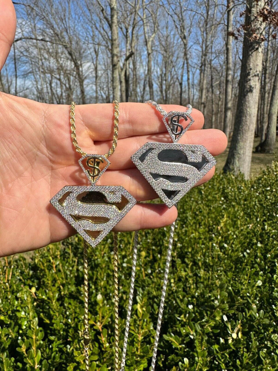 HarlemBling MOISSANITE Real 925 Silver/Gold Plated Iced SUPERMAN Superhero Pendant Necklace