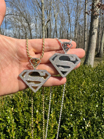 HarlemBling MOISSANITE Real 925 Silver/Gold Plated Iced SUPERMAN Superhero Pendant Necklace