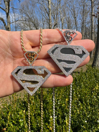 HarlemBling MOISSANITE Real 925 Silver/Gold Plated Iced SUPERMAN Superhero Pendant Necklace