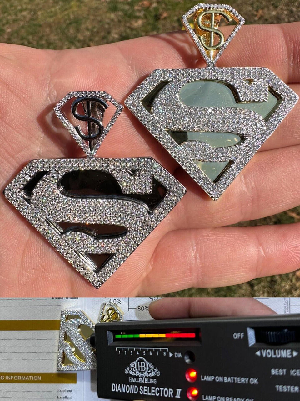HarlemBling MOISSANITE Real 925 Silver/Gold Plated Iced SUPERMAN Superhero Pendant Necklace