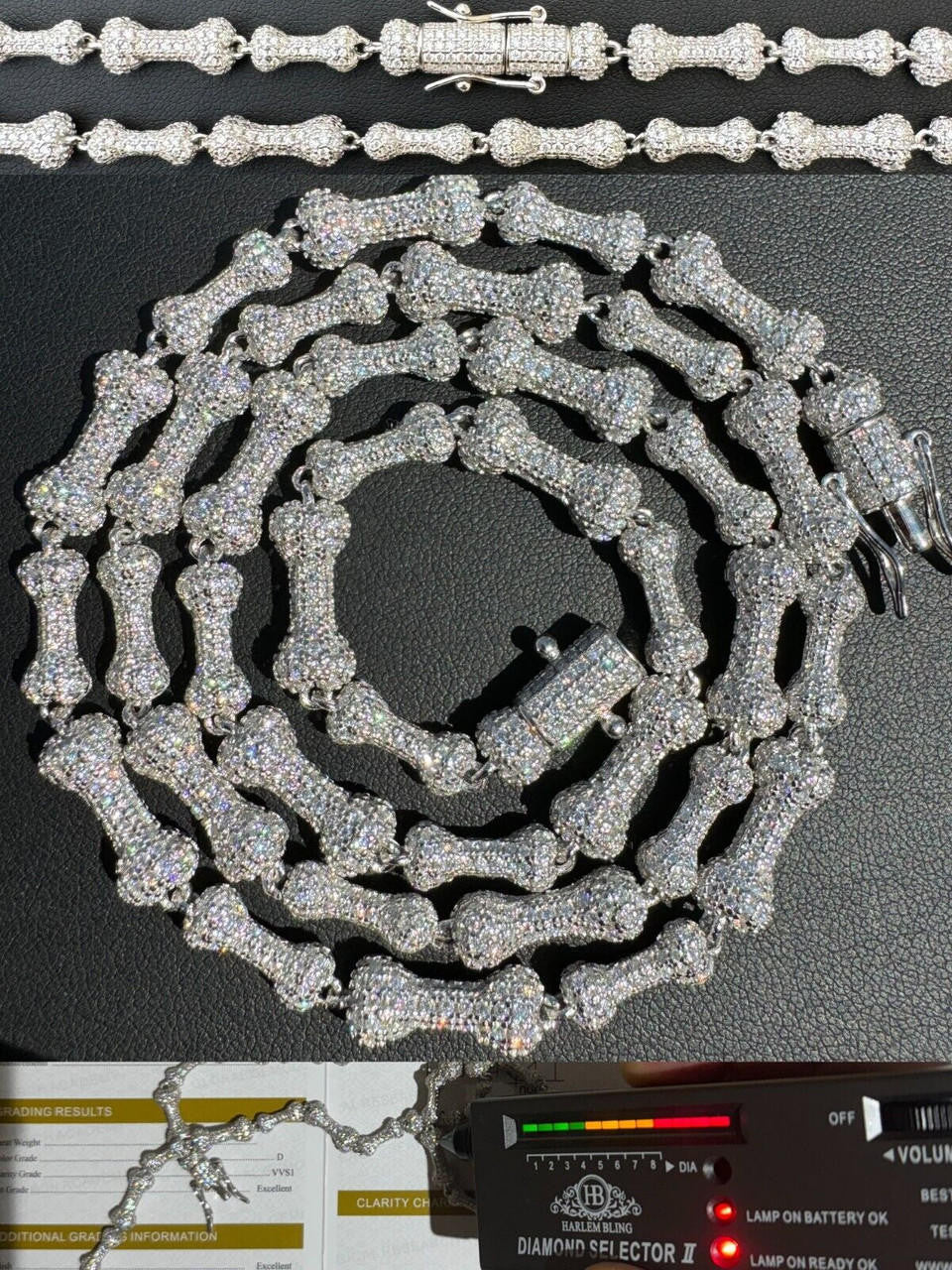 HarlemBling MOISSANITE Real Custom Bone Link Chain Iced Hip Hop 925 Silver Death Necklace