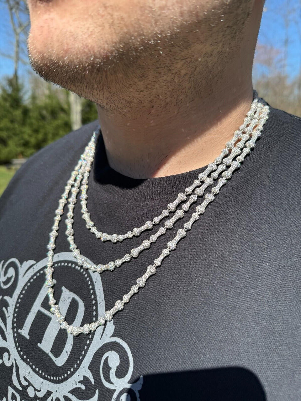 HarlemBling MOISSANITE Real Custom Bone Link Chain Iced Hip Hop 925 Silver Death Necklace