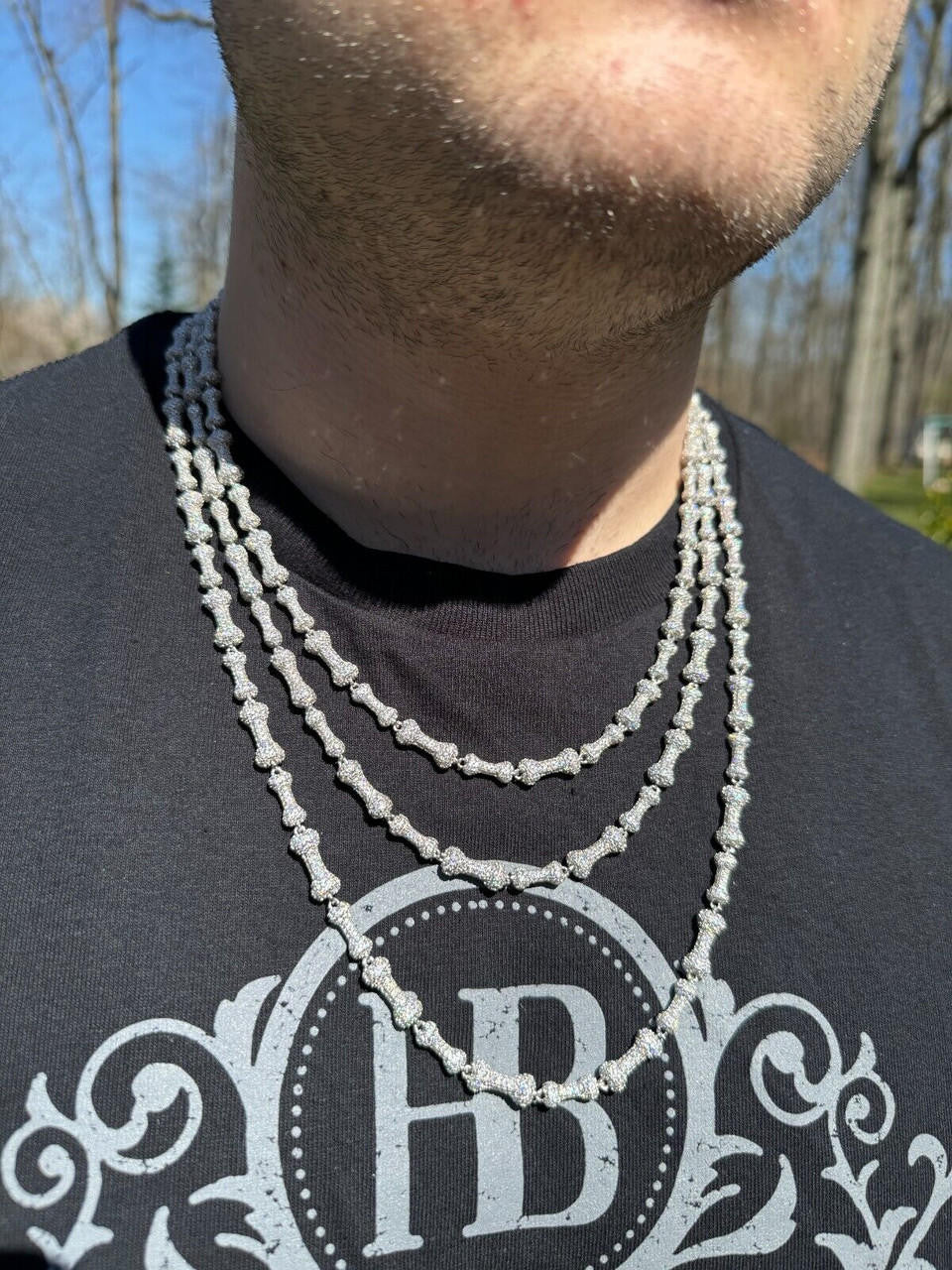 HarlemBling MOISSANITE Real Custom Bone Link Chain Iced Hip Hop 925 Silver Death Necklace