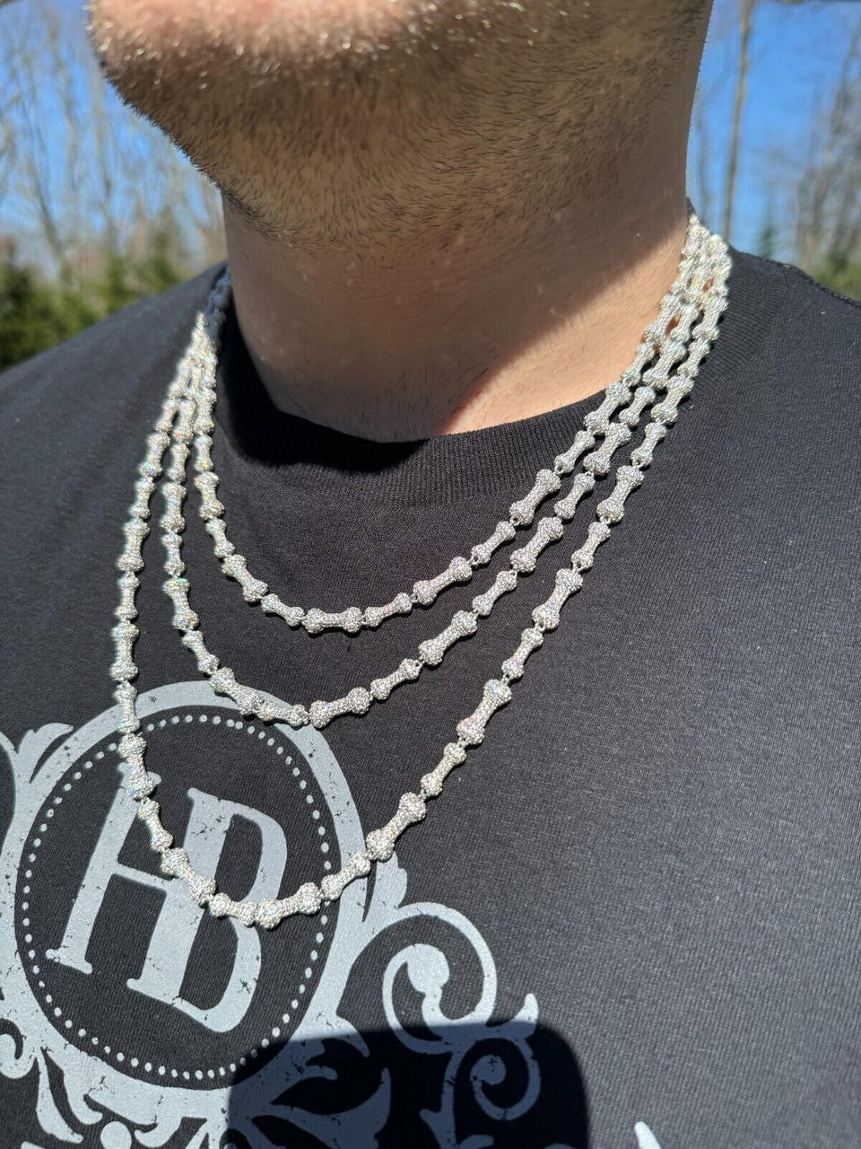 HarlemBling MOISSANITE Real Custom Bone Link Chain Iced Hip Hop 925 Silver Death Necklace