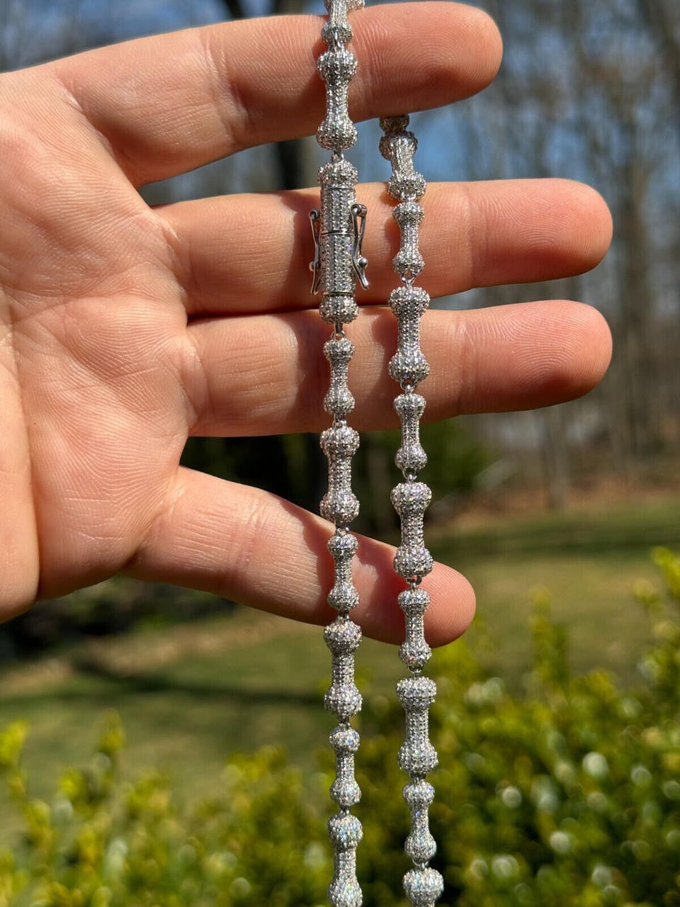 HarlemBling MOISSANITE Real Custom Bone Link Chain Iced Hip Hop 925 Silver Death Necklace