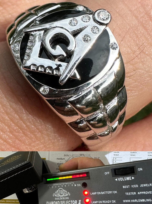 HarlemBling MOISSANITE Real Mens Real 925 Silver Ring Free Mason Masonic Letter G Black Onyx