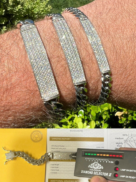 HarlemBling MOISSANITE Real Miami Cuban Link ID Bracelet 925 Silver Iced Pass Diamond Tester