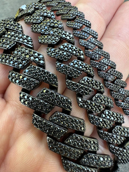 HarlemBling MOISSANITE Real Miami Cuban Link Prong Bracelet Black Rhodium Solid 925 Silver