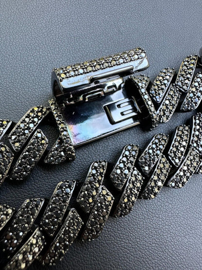 HarlemBling MOISSANITE Real Miami Cuban Link Prong Bracelet Black Rhodium Solid 925 Silver