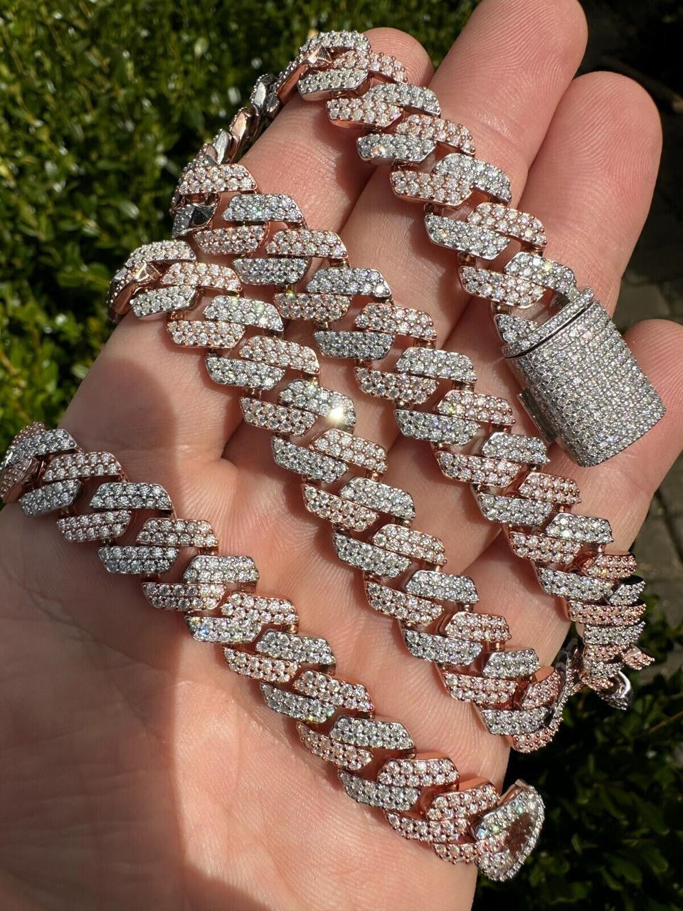 MOISSANITE Real Miami Cuban Link Prong Chain Iced Rose Gold 925