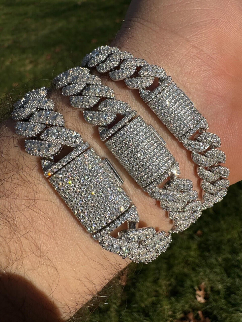 HarlemBling MOISSANITE Real Miami Cuban Prong Link Iced Hip Hop 925 Silver Bracelet 7-9"