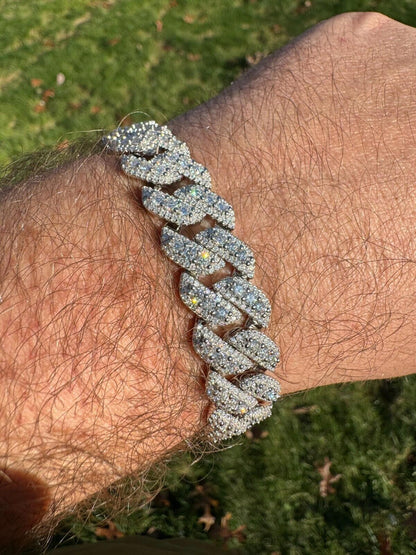 HarlemBling MOISSANITE Real Miami Cuban Prong Link Iced Hip Hop 925 Silver Bracelet 7-9"