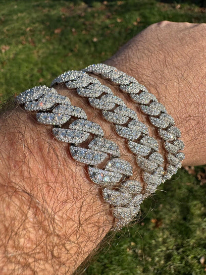 HarlemBling MOISSANITE Real Miami Cuban Prong Link Iced Hip Hop 925 Silver Bracelet 7-9"