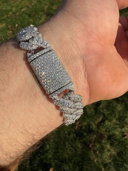 HarlemBling MOISSANITE Real Miami Cuban Prong Link Iced Hip Hop 925 Silver Bracelet 7-9"