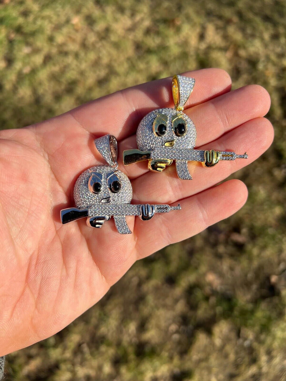 HarlemBling MOISSANITE Real Silver / Gold Angry Emoji W. AK47 Gun Necklace Pass Diamond Test