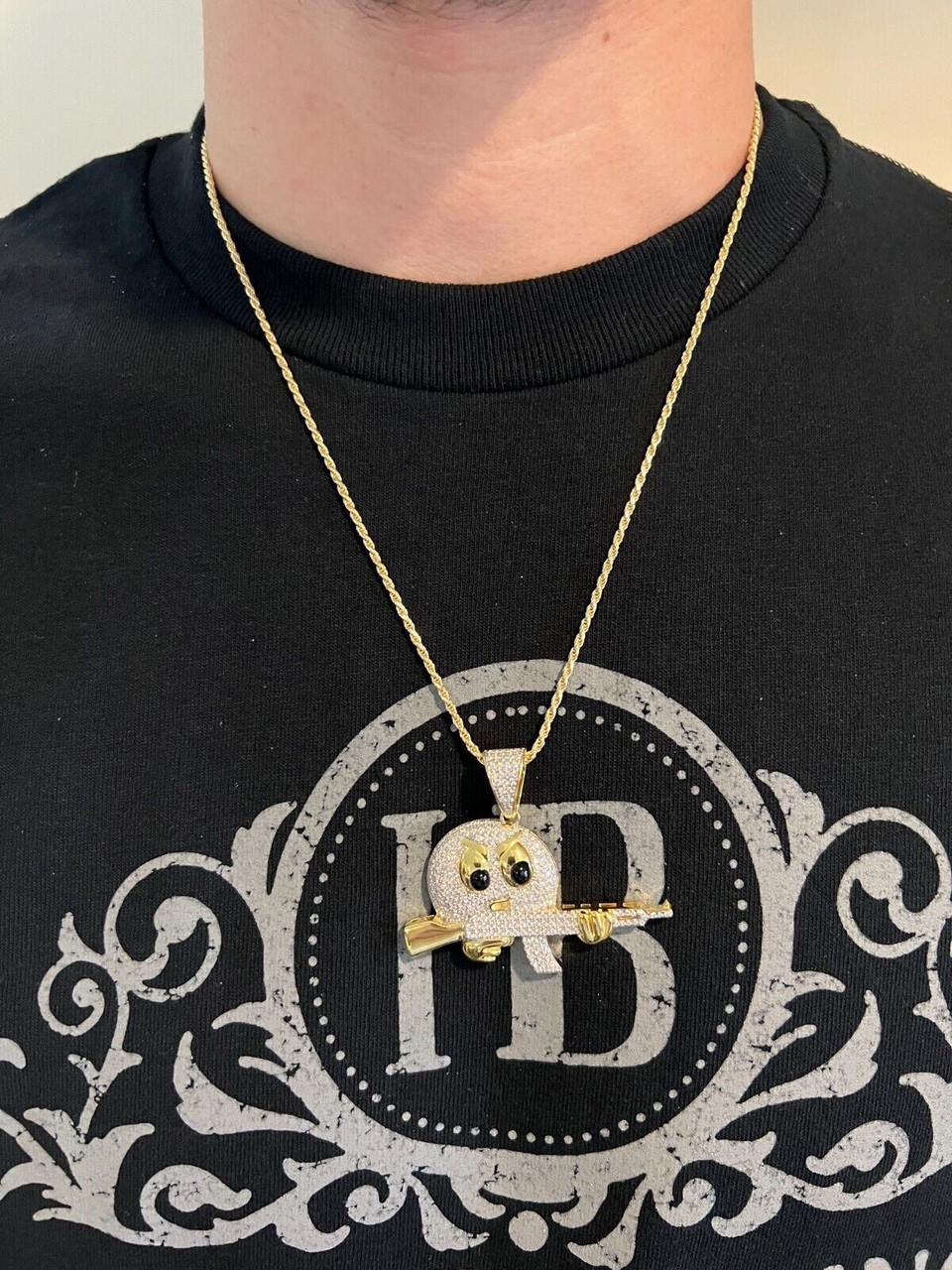 HarlemBling MOISSANITE Real Silver / Gold Angry Emoji W. AK47 Gun Necklace Pass Diamond Test